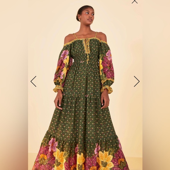 FARM Rio Dresses & Skirts - Farm Rio off Shoulder Long Sleeve Green Dress Sz M